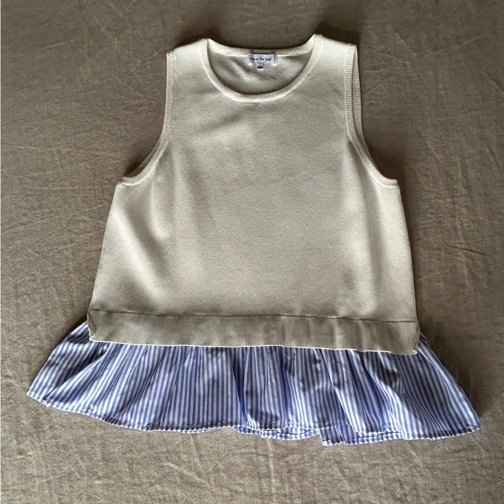 Jacqui E Blue and White Striped Blouse with Ruffle Hem